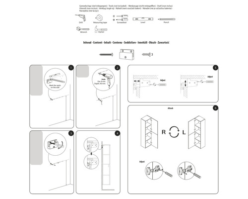 Montage-instructies voor een meubel met gereedschappen zoals boormachine, schroevendraaier en hamer