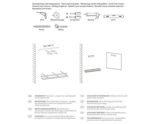 Instructie voor wandmontage van meubels, inclusief boormachine, meetlint, schroevendraaier, siliconenkit, waterpas, potlood en moersleutel