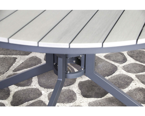 Detail van een tuintafel met rond tafelblad en metalen frame