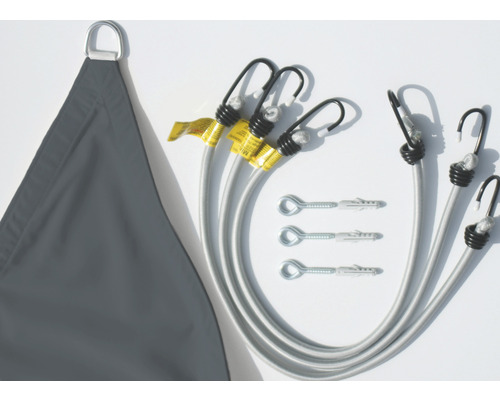 Driehoekig zonnescherm met bevestigingsset bestaande uit spanbanden, haken en ogen