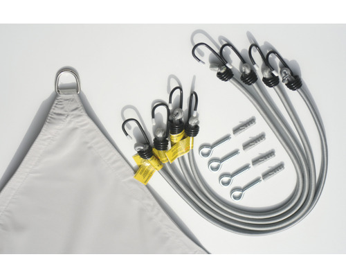 Bevestigingsset voor zonnescherm met spanbanden, haken, schroeven en pluggen