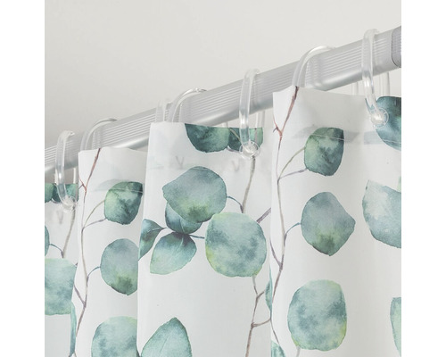Douchegordijn met eucalyptusmotief en douchegordijnringen