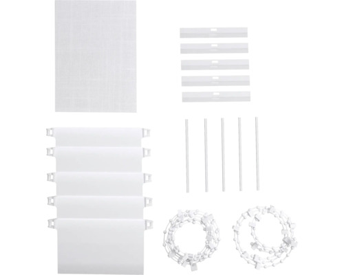 Reserveonderdelen voor verticale jaloezieën: stoffen panelen, verzwaringsplaten, lamellenverbinders, draaistaven en kettingen