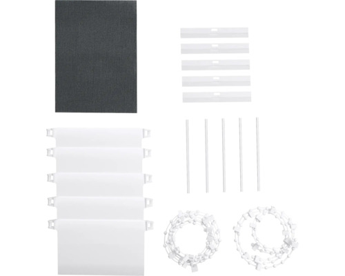 Componenten voor rolgordijnen: stof, verzwaringsstaven, kettingen, lamellenhouders