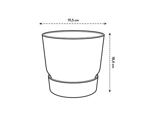 Illustratie van een plantenpot met de afmetingen 19,5 cm breed en 18,4 cm hoog
