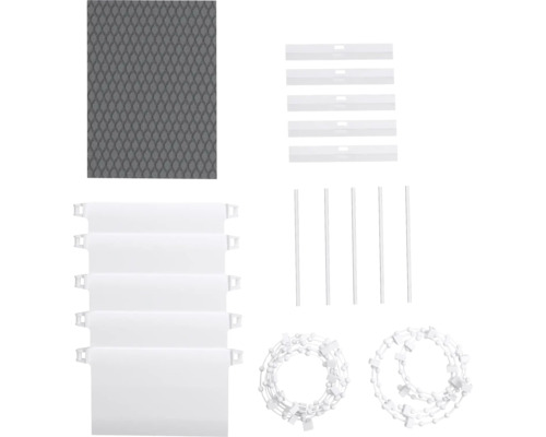 Componenten voor een lamellen jaloezie, inclusief lamellen, verzwaringsplaatjes, verbindingsketting en accessoires.