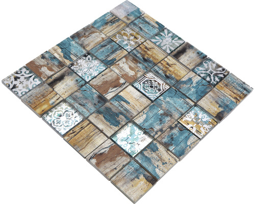 Vierkante mozaïektegel met houtlook en bloemmotieven