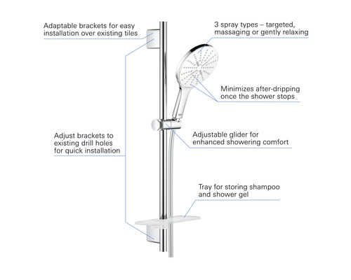 Douchestangset met drie straalsoorten en plank voor shampoo