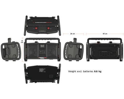 Perfectpro Rockbull bouwradio met afmetingen van 31 x 26 x 49 cm en een gewicht van 6,6 kg exclusief batterijen.