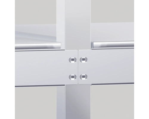 Gedetailleerde weergave van een zilverkleurige hoekverbinding van aluminium profielen met schroeven