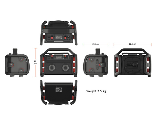 Meerdere aanzichten van de draagbare bouwradio- en geluidssysteembox met afmetingen en gewicht