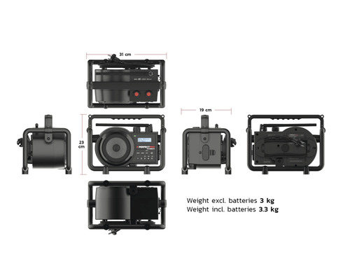 Bouwradio met afmetingen van 31 bij 23 bij 19 centimeter en een gewicht van 3 kilogram zonder batterijen
