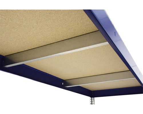 Detailaanzicht van een stellingkast met houtvezelplaat en metalen frame