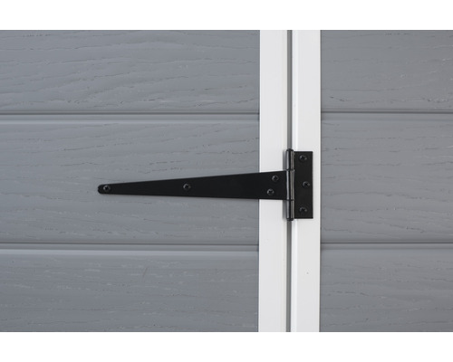 Zwart T-vormig scharnierbeslag op een grijze houten deur