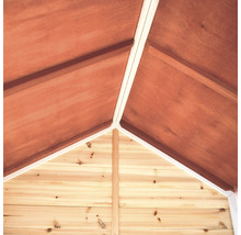 Interieur van een houten huis met dak en wandbekleding