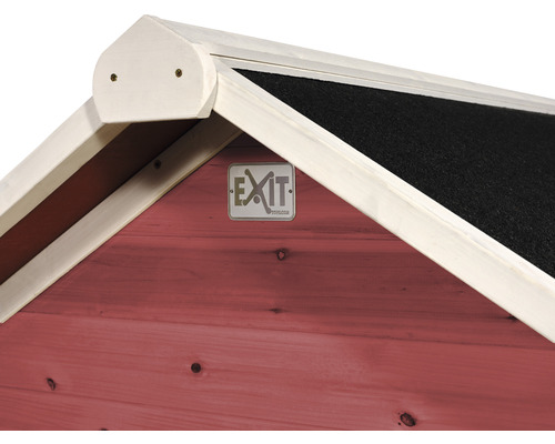 Detailopname van een houten huis met EXIT Logo