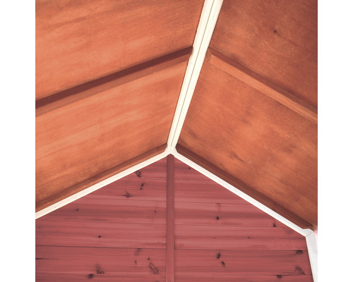 Interieurbeeld van een tuinhuis met houten wanden en dakconstructie