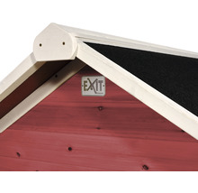 Detailopname van het houten huis met het Exit Toys logo