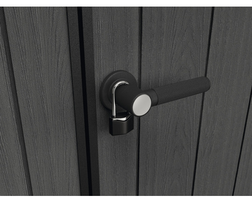 Detail van een tuindeur met handgreep en hangslot