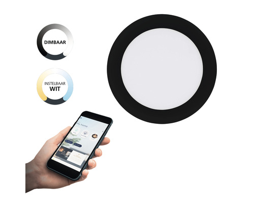 Ronde plafondlamp met dimfunctie en instelbare lichtkleur, bedienbaar via smartphone