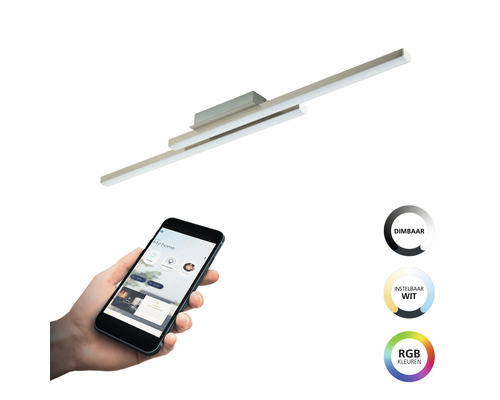 Plafondlamp met smartphonebediening en de symbolen Dimbaar, Instelbaar Wit, RGB kleuren