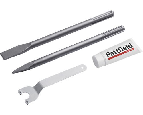 Beitelset met platte beitel, puntbeitel, moersleutel en smeermiddel