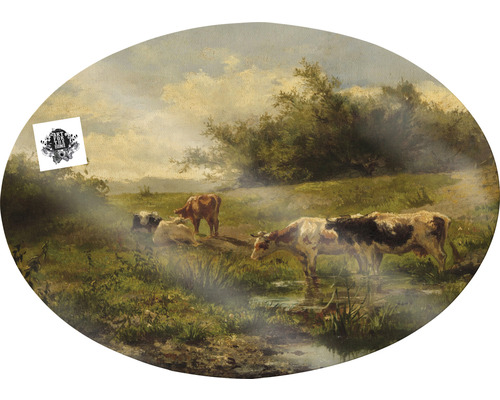 Schilderij van een koeienweide met meerdere koeien en weiland