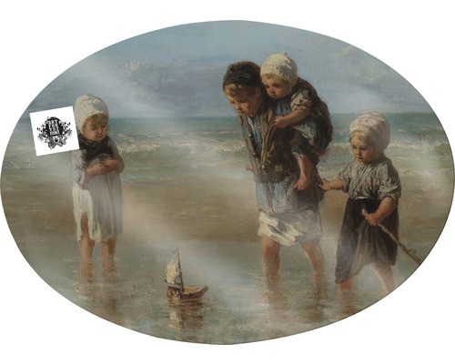 Schilderij van kinderen die op het strand spelen met een speelgoedboot