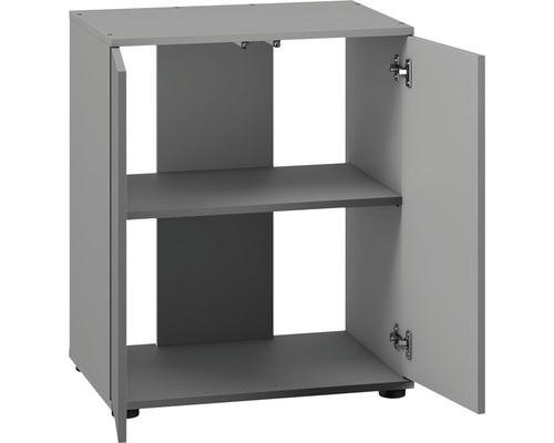 Grijze onderkast met twee planken en een open deur