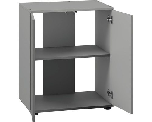 Grijze onderkast met twee planken en een open deur