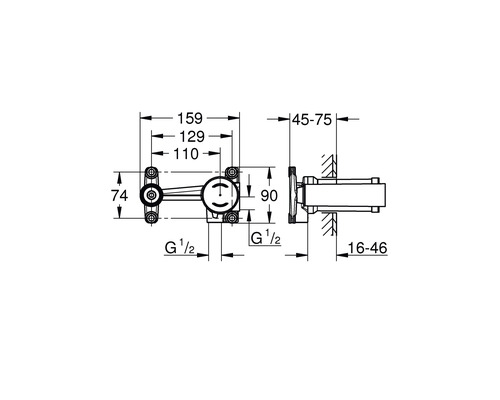 Technische tekening van een wandarmatuur met afmetingen