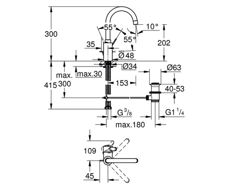Technische tekening van een kraan met afmetingen.