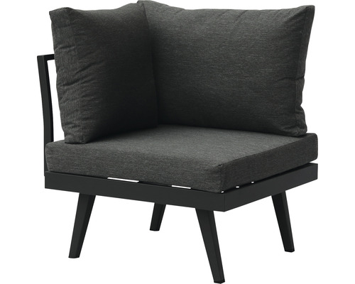 Hoeklounge fauteuil met donkere kussens en zwart frame