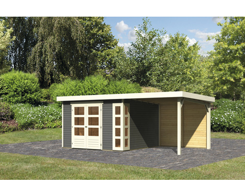 Tuinhuis met aanbouw en dubbele deur in de tuin