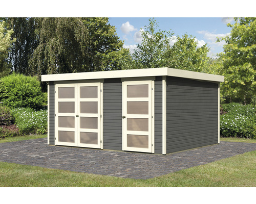 Tuinhuis met dubbele deur en enkele deur in de tuin