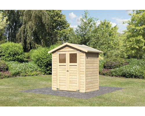 Houten tuinhuis met dubbele deur in de tuin