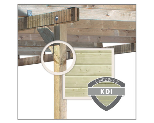 Detailopname van een houten constructie met het keurmerk Bescherming door KDI, wat staat voor keteldruk impregneren