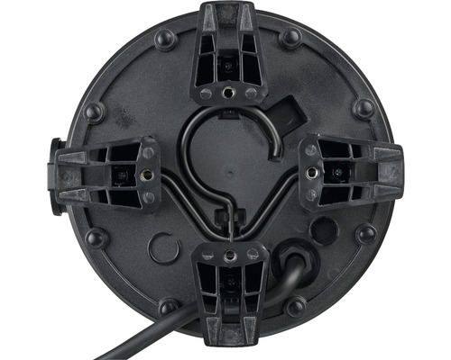 Achteraanzicht van een ronde lamp met montagebeugels en kabel