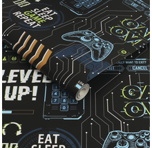 Rolbehang met gamingmotieven zoals controllers, de tekst Game Over en Eat Sleep Game Repeat