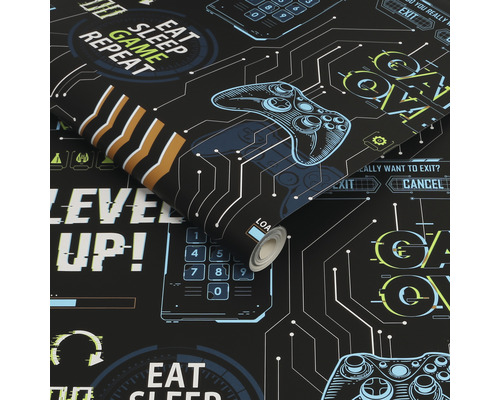 Rolbehang met gamingmotieven zoals controllers, de tekst Game Over en Eat Sleep Game Repeat
