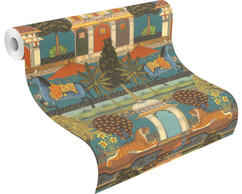 Rol behang met Indiaas-geïnspireerd patroon met tijgers en paarden