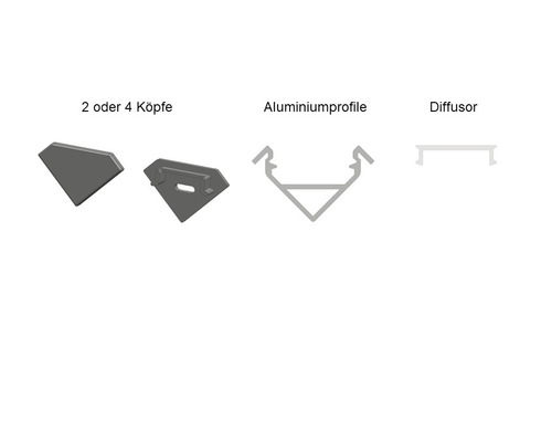 Twee of vier lampkoppen, aluminiumprofiel en diffusor.