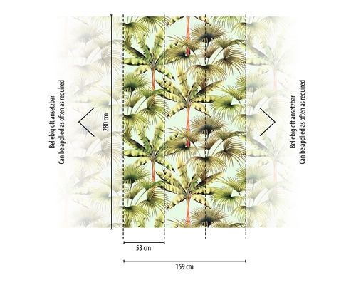 Behang met palmmotief en de afmetingen 280 cm hoogte en 159 cm breedte