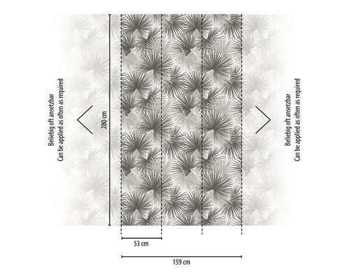 Illustratie van een vliesbehang met palmmotief en maatvoering.
