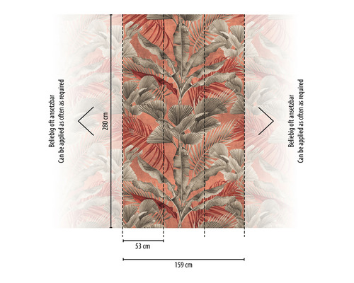Behang met tropisch bladerpatroon en de afmetingen 280 bij 159 centimeter