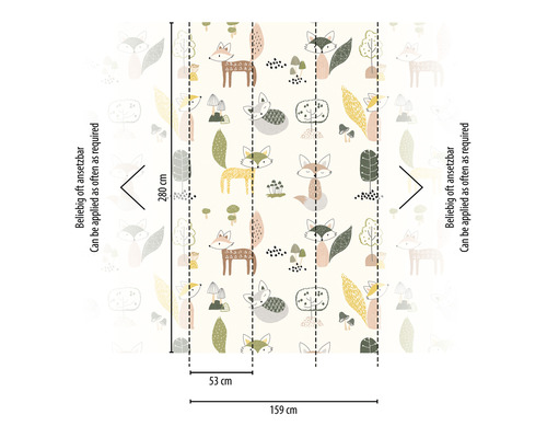 Grafisch behang met vossen, bomen en paddenstoelen