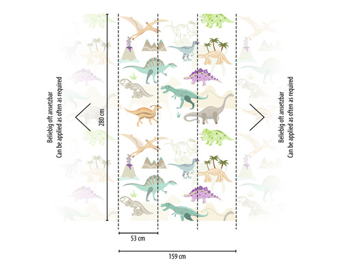 Behangpatroon met dinosaurussen en afmetingen 159 cm bij 280 cm