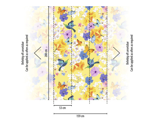 Behang met bloemen-, vlinder- en vogelmotieven en maataanduidingen