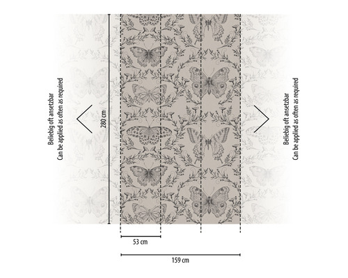 Behang met vlindermotief en de afmetingen 280 bij 159 centimeter