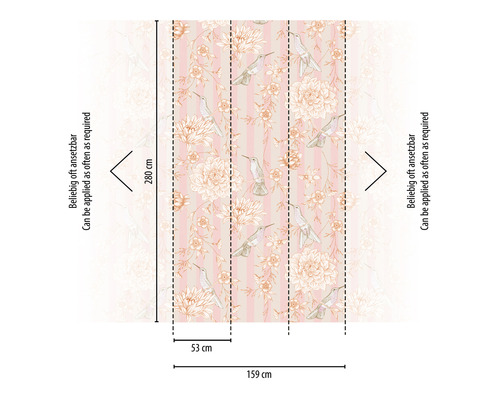 Behang met bloemen- en vogelmotief en maataanduidingen